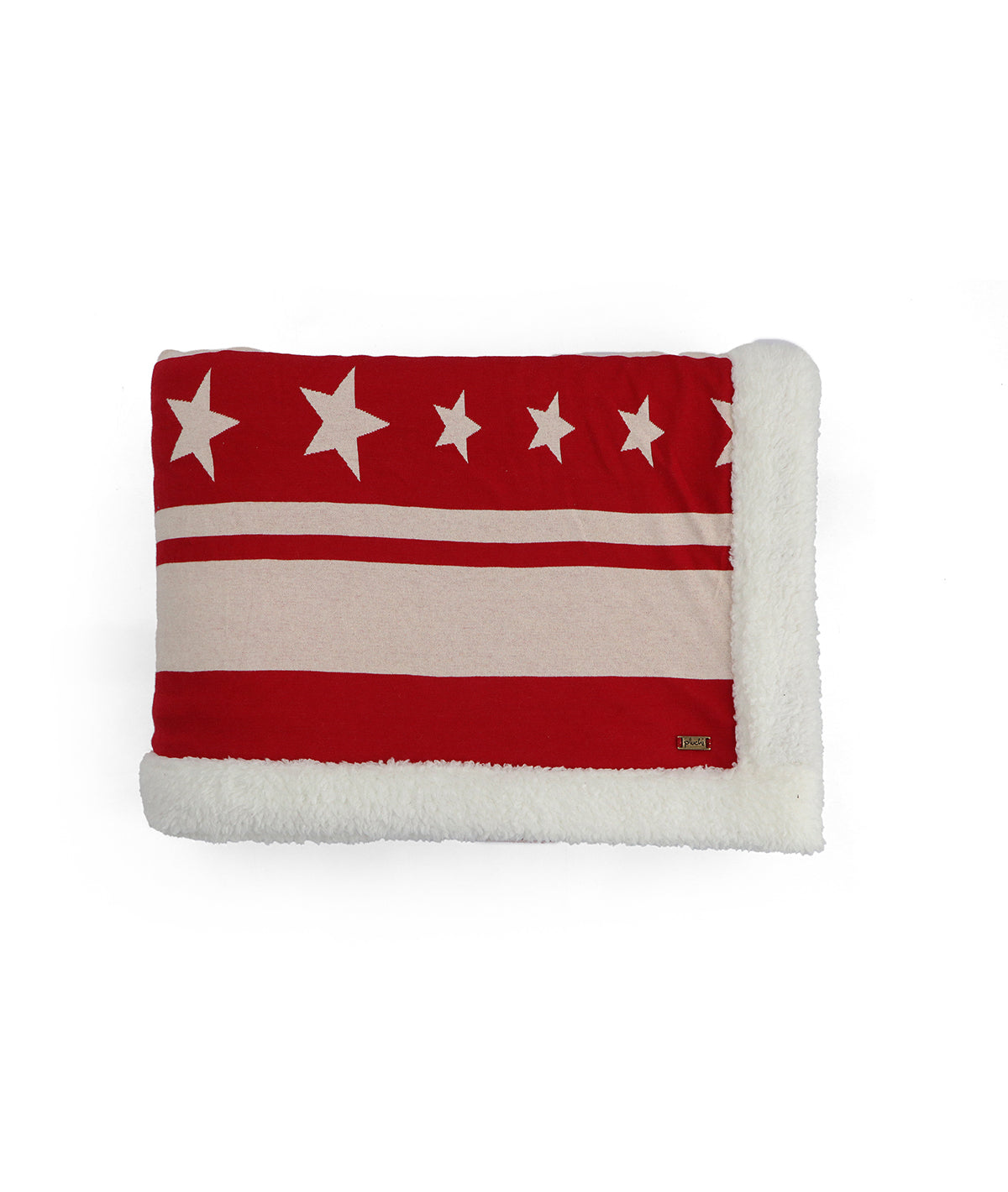 Stripe Star Red & Natural Cotton Knitted Single Bed Blanket layered with Warm Sherpa Fabric
