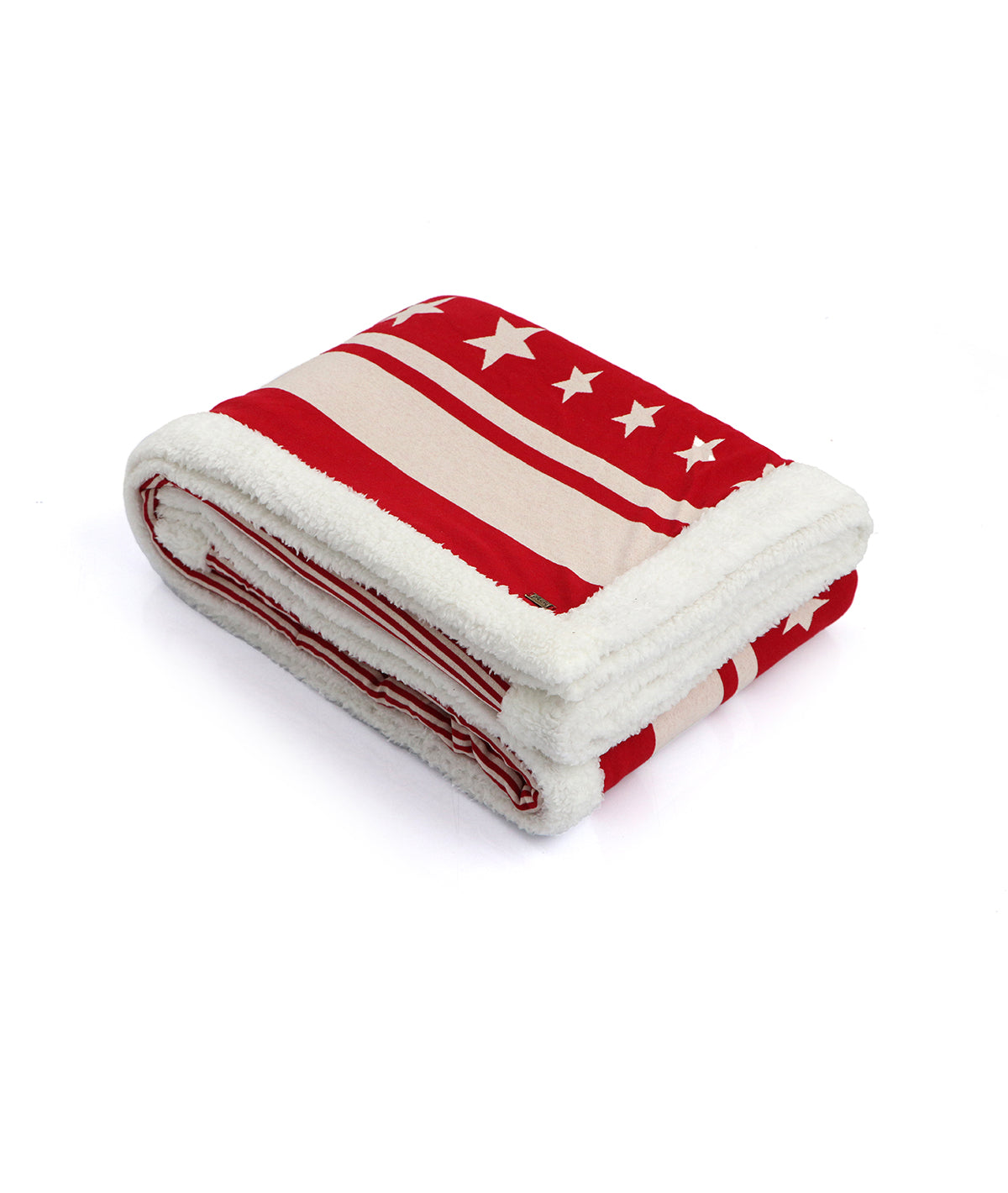 Stripe Star Red & Natural Cotton Knitted Single Bed Blanket layered with Warm Sherpa Fabric