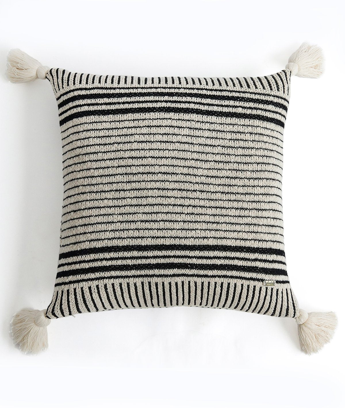 Stripe Square Cotton Knitted Decorative Natural & Black Color 18 x 18 Inches Cushion Cover