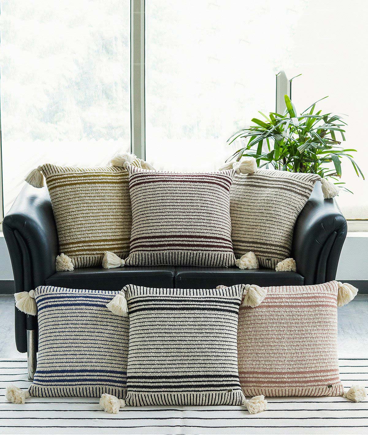 Stripe Square Cotton Knitted Decorative Natural & Black Color 18 x 18 Inches Cushion Cover