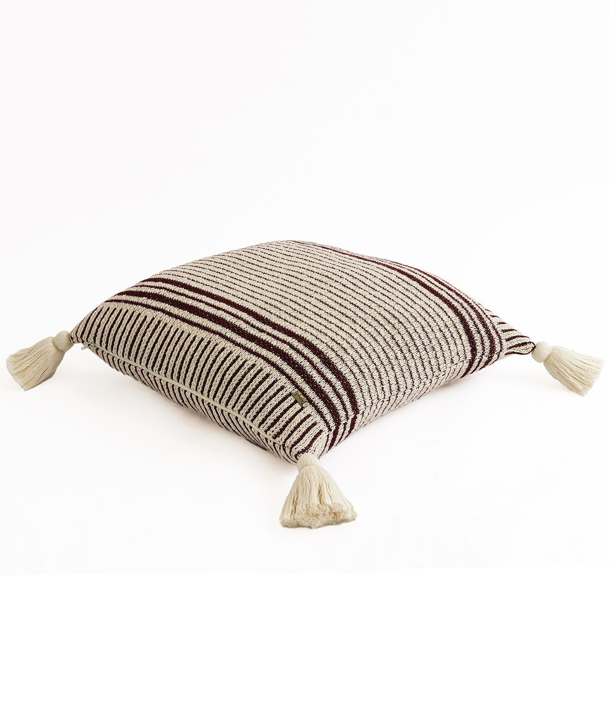 Stripe Square Cotton Knitted Decorative Natural & Maroon Color 18 x 18 Inches Cushion Cover