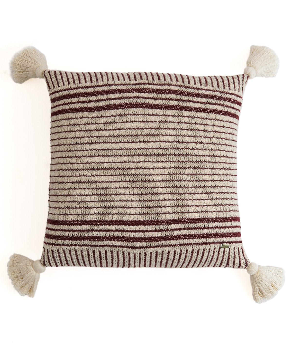 Stripe Square Cotton Knitted Decorative Natural & Maroon Color 18 x 18 Inches Cushion Cover