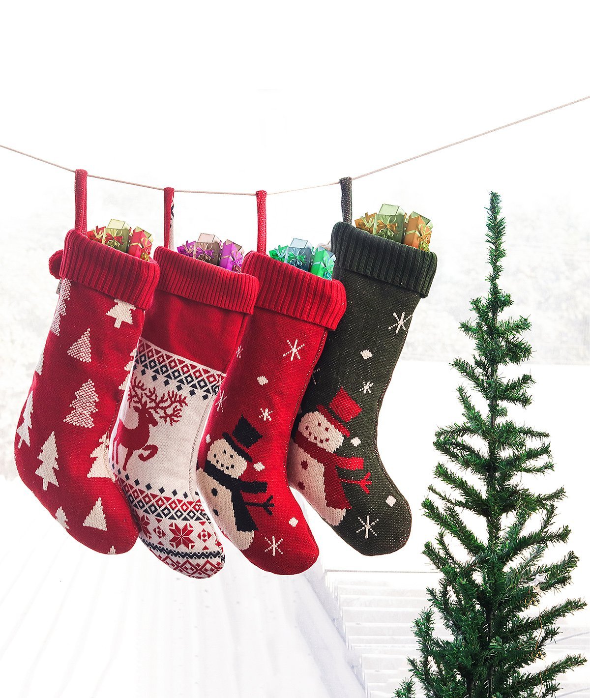 Snowman - Green & Red Cotton Knitted Christmas Decorative Stocking