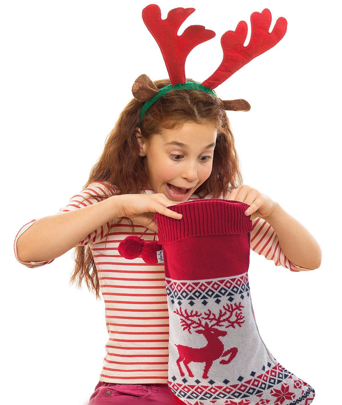 Santa's Reindeer - Red & Natural Cotton Knitted Christmas Decorative Stocking