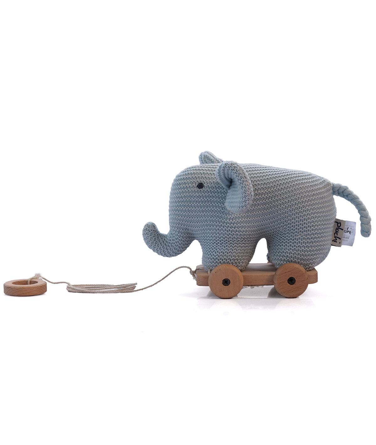 Push & Pull Elephant - Light Blue 100% Cotton Knitted Stuffed Soft Toy for Babies / Kids with Wooden Cart