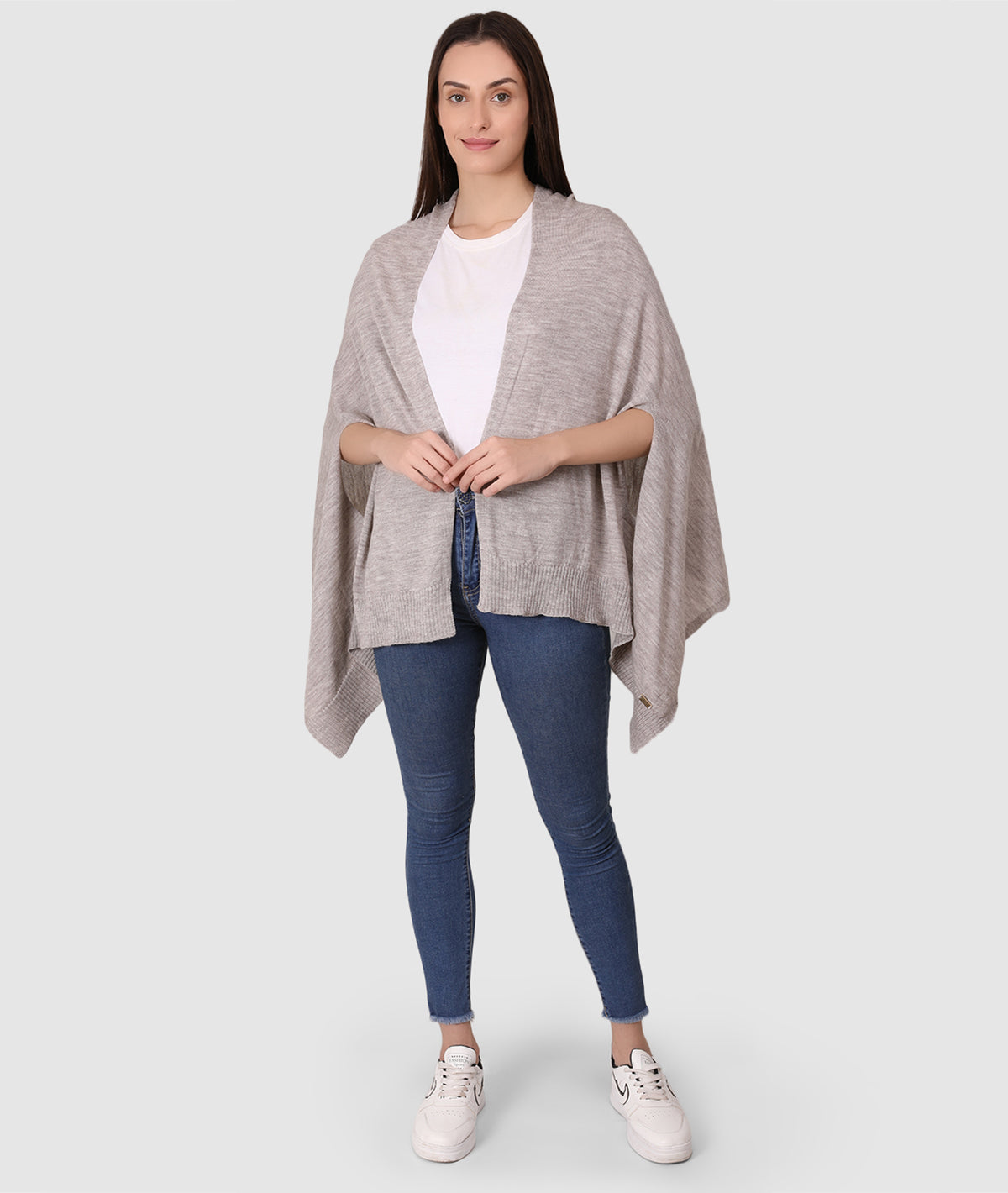 Palma Merino Wool Knitted Fashion Poncho / Cape for Everyday Chic Look (One Size Fits All) (Medium Fawn Mix)