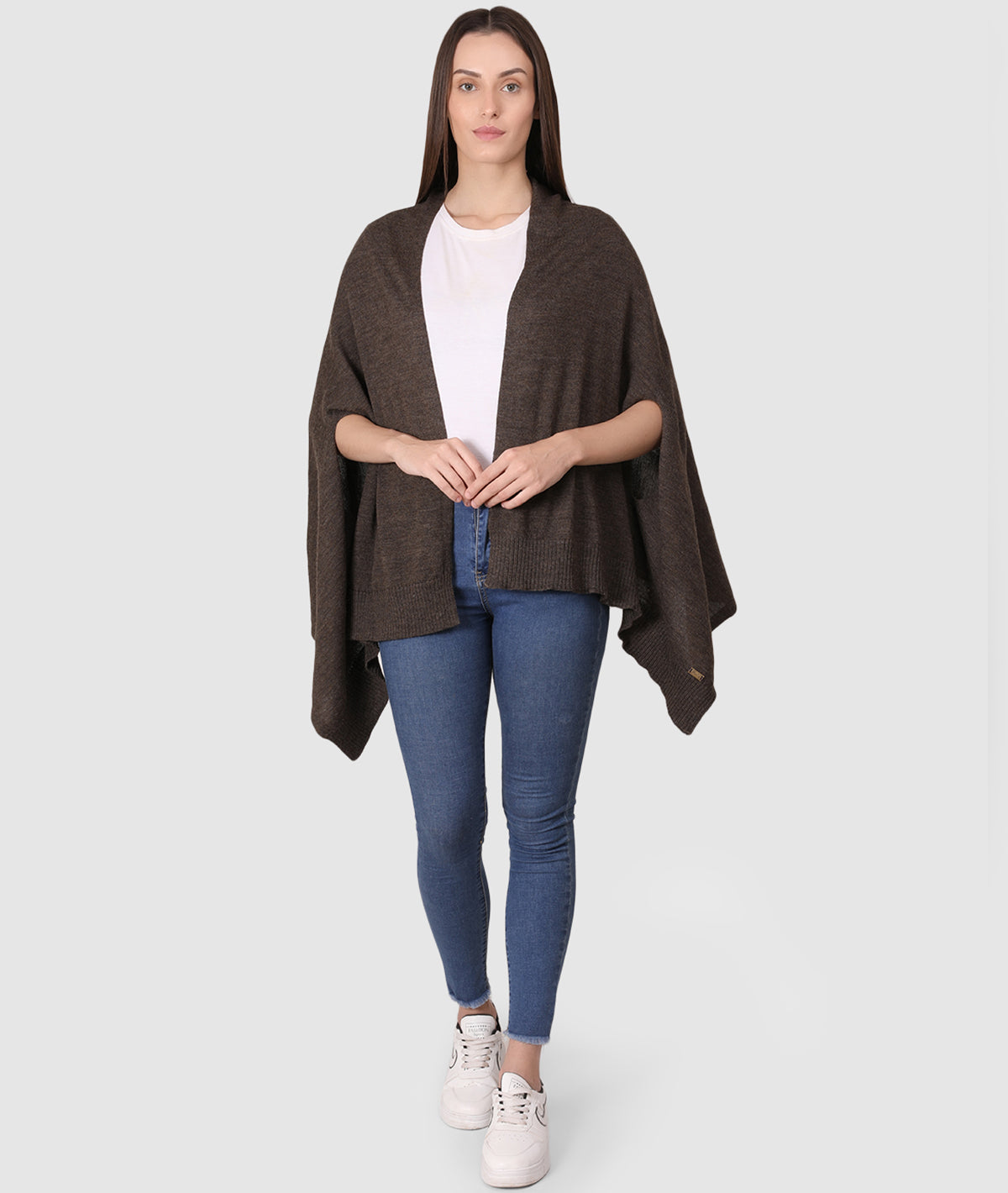 Palma Merino Wool Knitted Fashion Poncho / Cape for Everyday Chic Look (This Size Fits Most) (Dark  Brown)