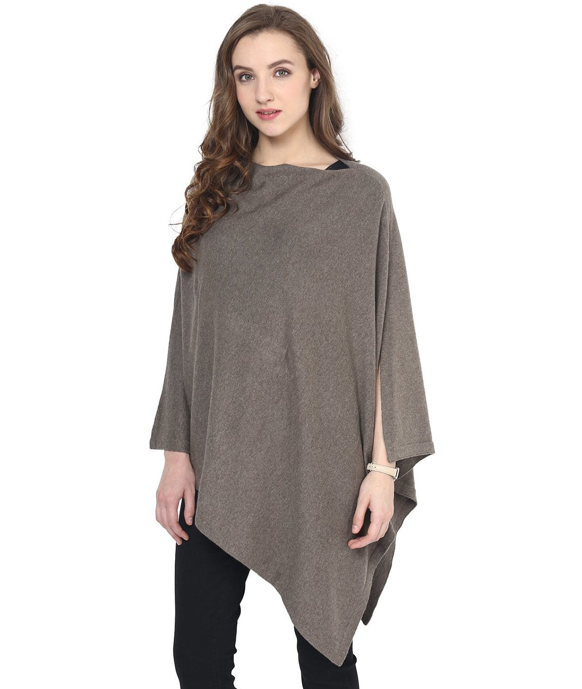 Rosette - Brown Cotton Knitted Fashion Poncho / Top / Cape