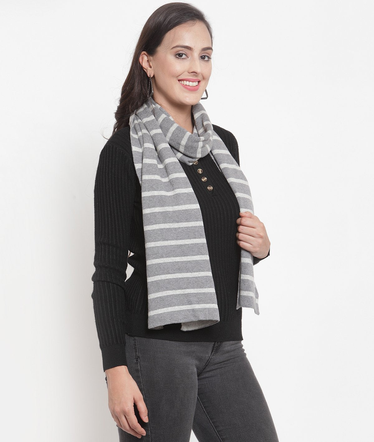 Jaslene - Medium Grey & Vanilla Grey Striped Cotton Knitted Scarf