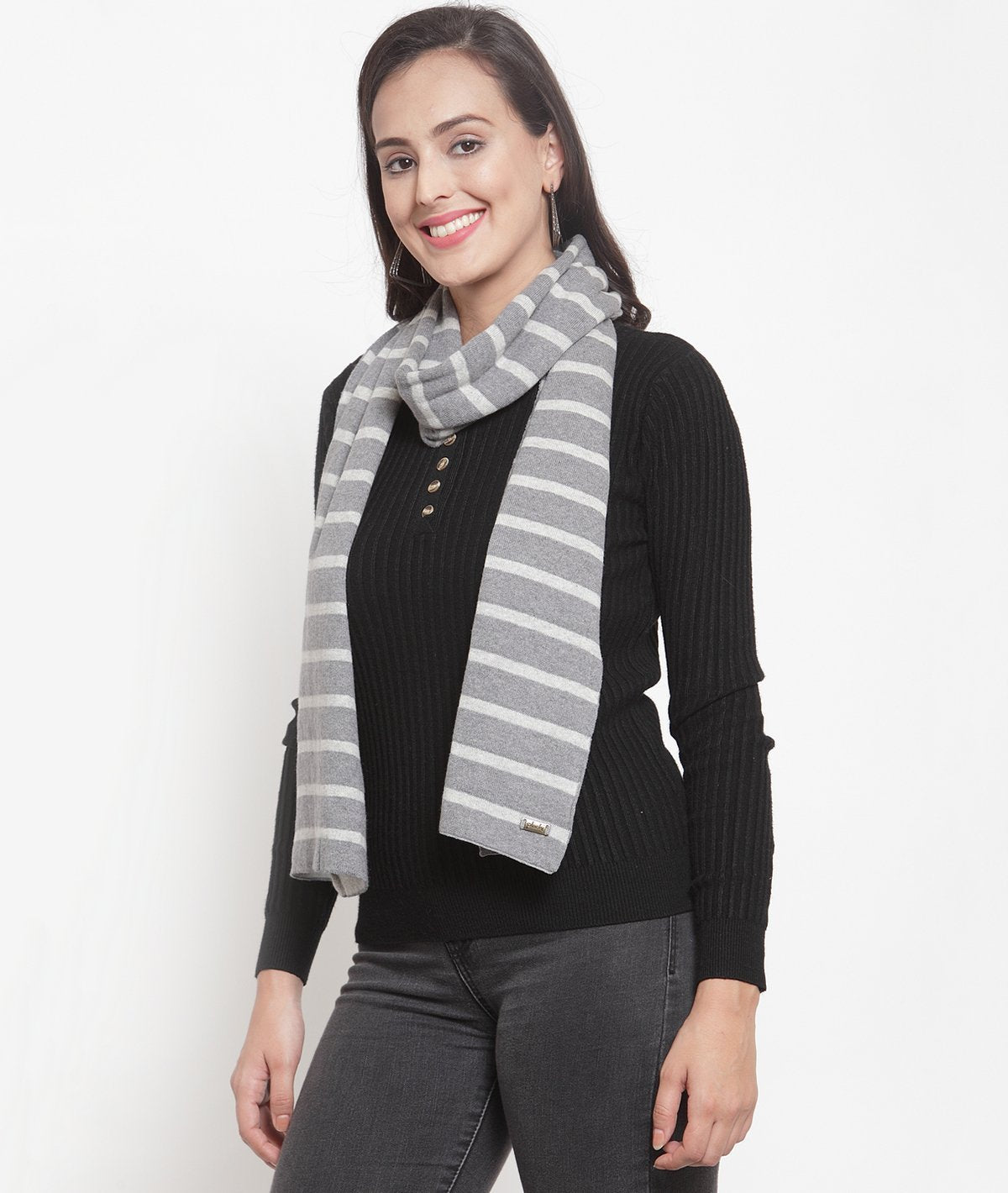 Jaslene - Medium Grey & Vanilla Grey Striped Cotton Knitted Scarf