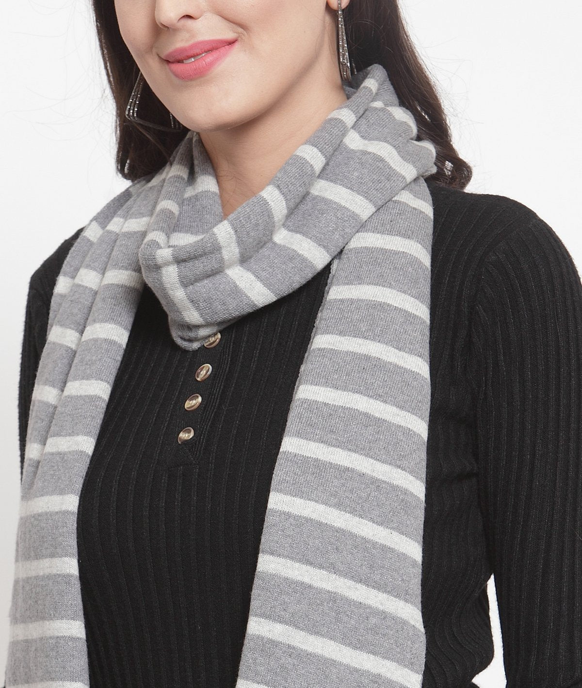 Jaslene - Medium Grey & Vanilla Grey Striped Cotton Knitted Scarf