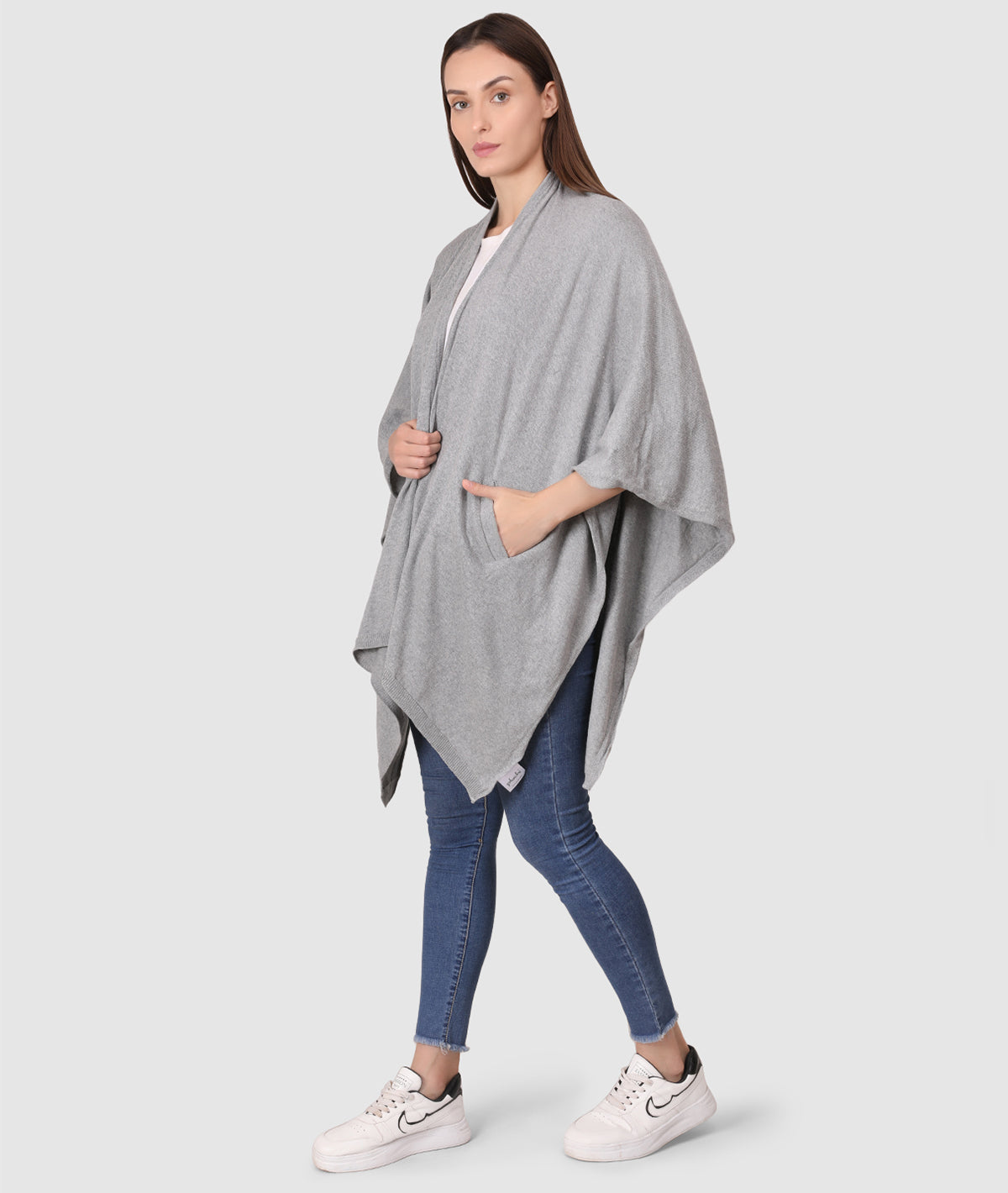 Classic Travel cape Wrap - Organic Cotton Knitted Light Weight Wrap in Pouch (Light Grey Melange )