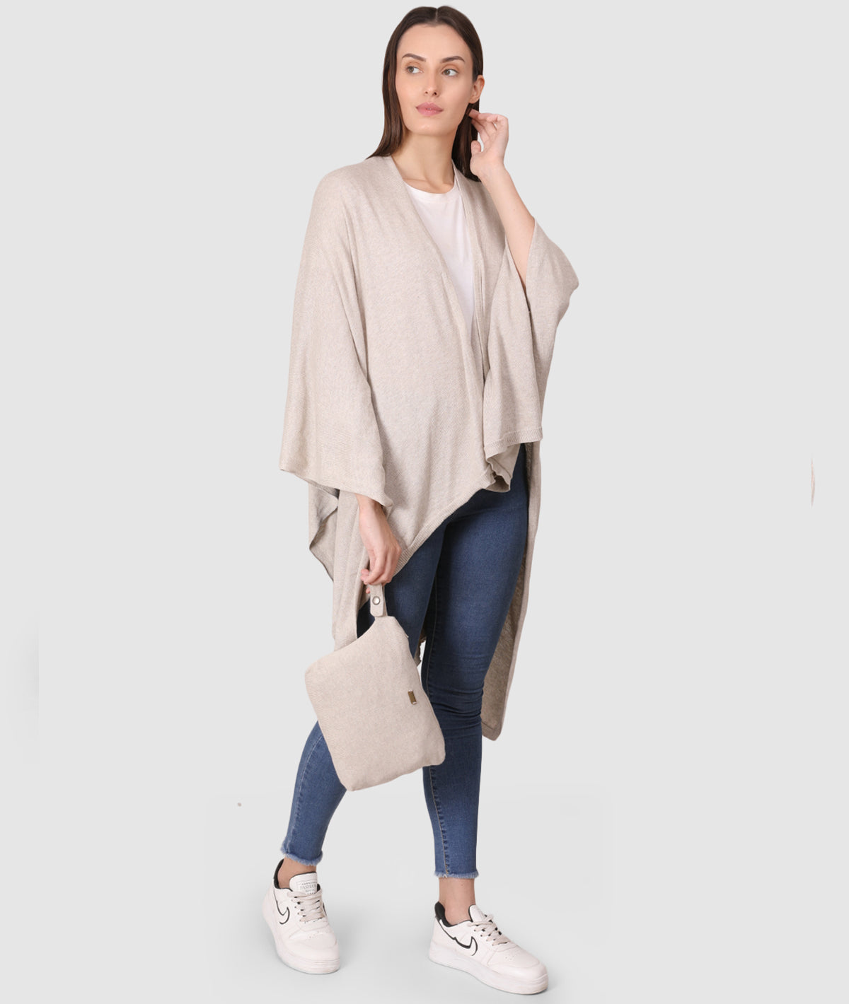 Classic Travel Wrap - Organic Cotton Knitted Light Weight Wrap in Pouch (Light Beige Melange)