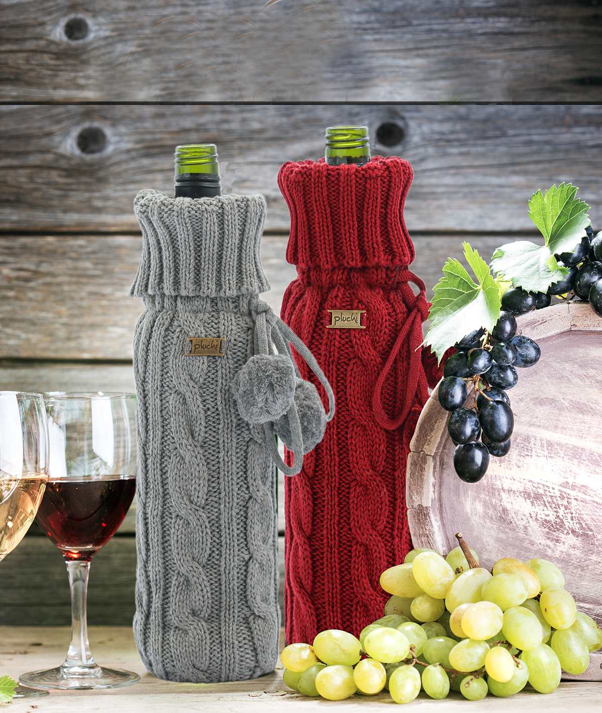 Cable Criss Cotton Knitted Wine Bottle Cover (Dark Red)